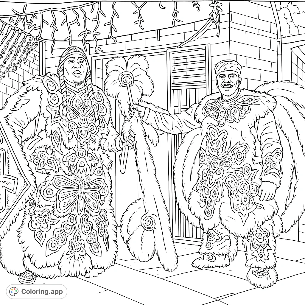 Two figures in vibrant, intricately beaded festival costumes, ready for a parade. Features detailed patterns, feathers, and a festive background.
