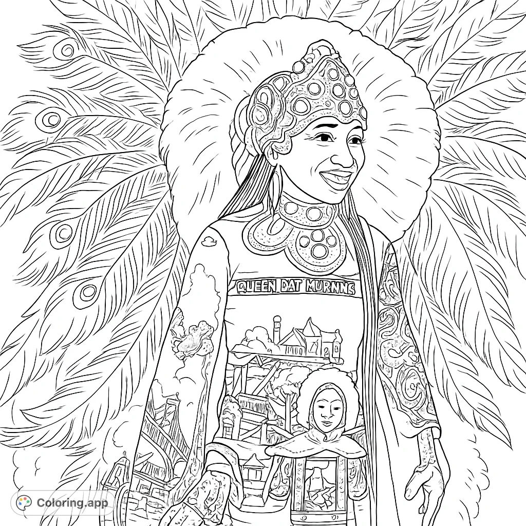 Immerse yourself in the vibrant world of carnival with this elaborate feathered costume coloring page. Intricate beadwork and majestic feathers await your creative touch.