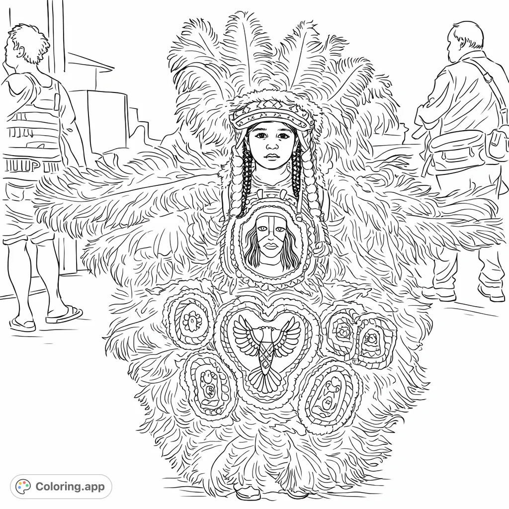 A captivating child in an intricate feathered costume with ornate designs. Celebrate culture and creativity with this unique portrait, perfect for detailed coloring.