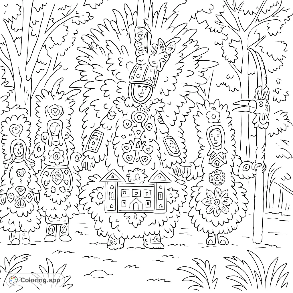 Four figures in elaborate feathered parade costumes with intricate patterns, ready for a vibrant coloring adventure. A festive scene!