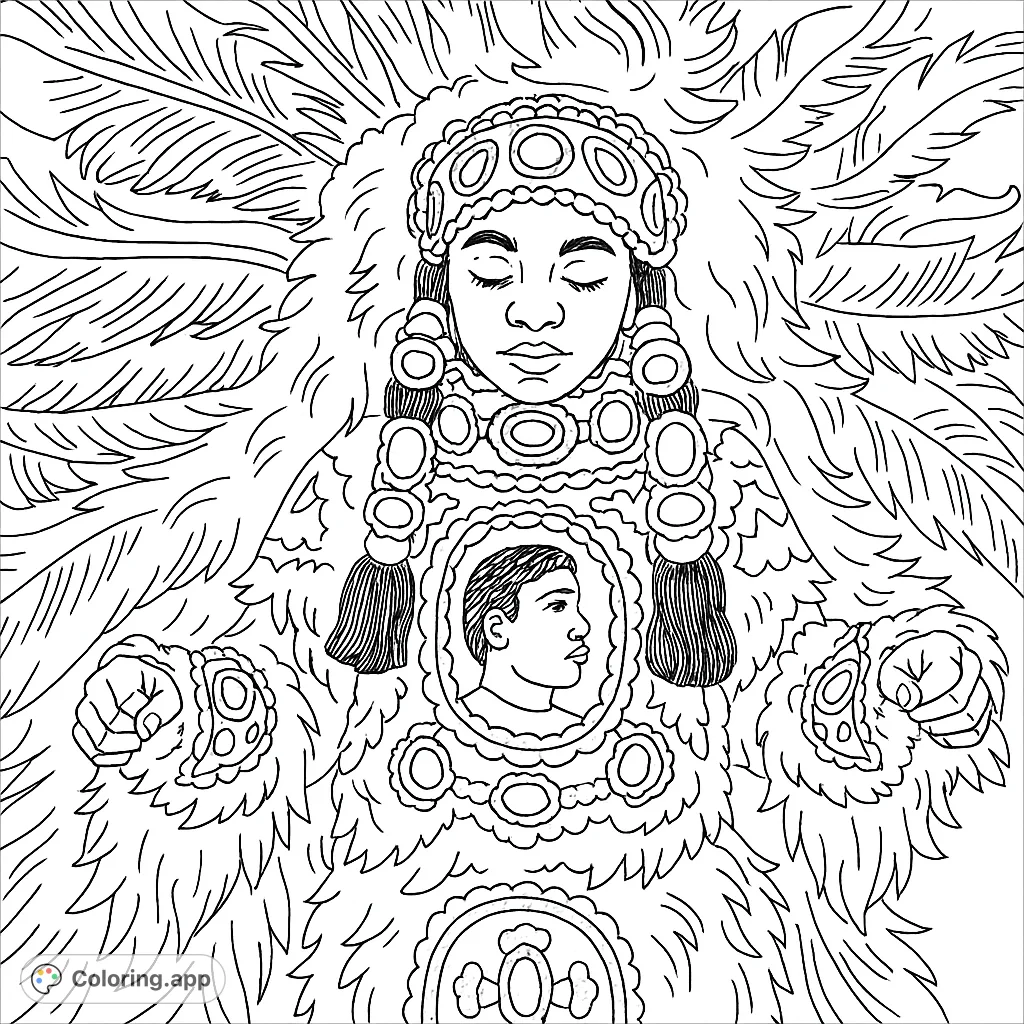 Color an ornate festival costume featuring elaborate feathers and intricate beadwork. A vibrant cultural celebration awaits your creative touch!