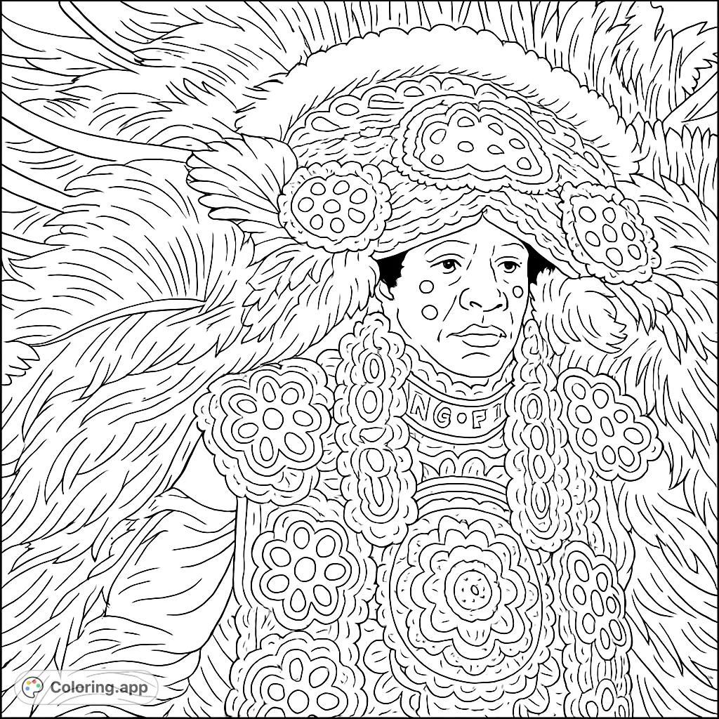A majestic figure in elaborate feathered attire and intricate patterns, a captivating cultural figure coloring page.