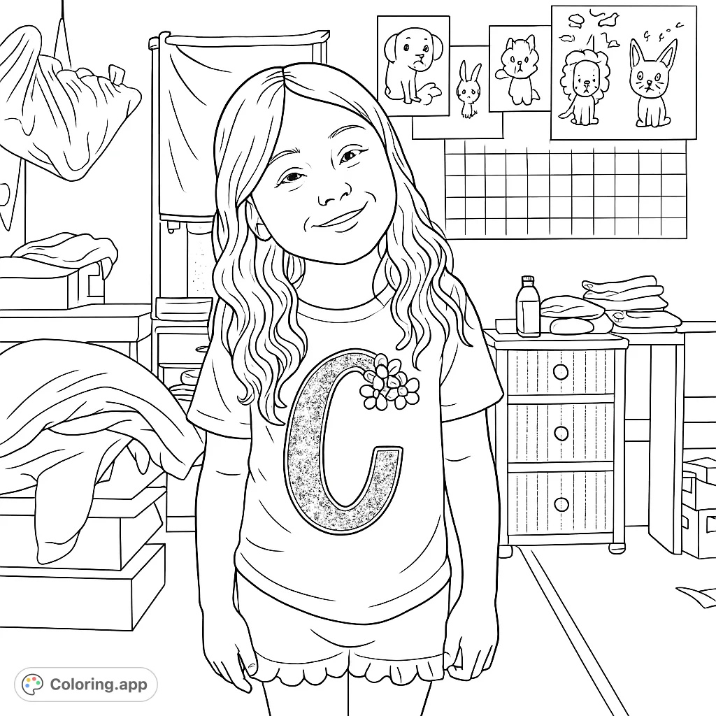 A happy girl smiles in her cozy, cluttered room, surrounded by clothes piles and cute animal pictures. A fun, free printable coloring page for kids.