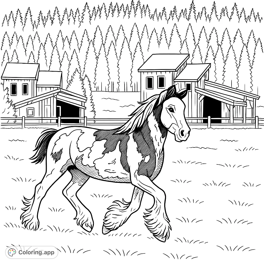 A majestic horse with unique markings trots through a vast grassy field, set against a backdrop of modern cabins and a dense forest. A captivating animal coloring page.