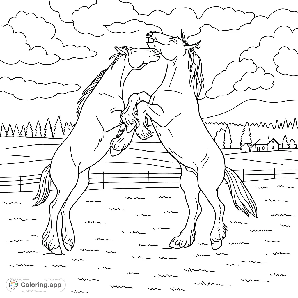 Dynamic horse coloring page featuring two majestic horses rearing playfully in a scenic field with a farmhouse and mountains. Free printable coloring page for all ages!