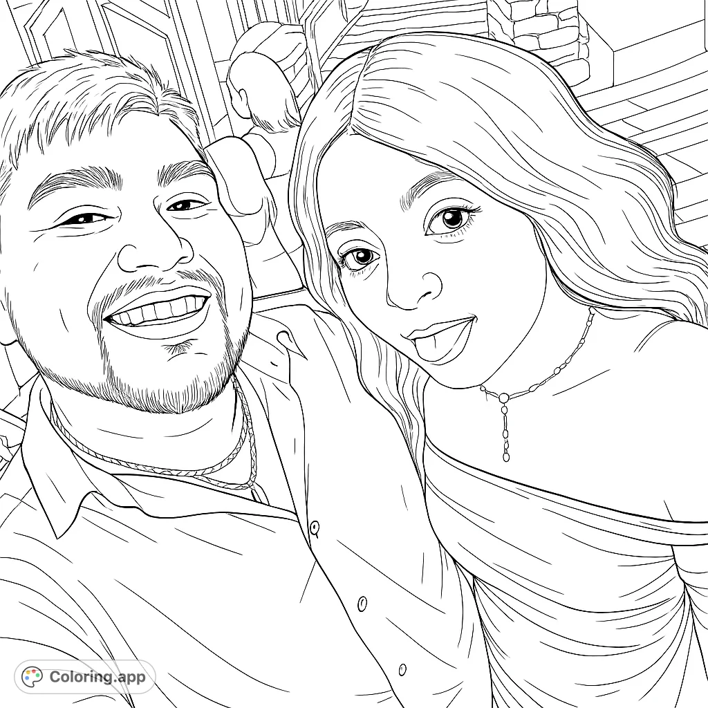 A heartwarming selfie of a smiling couple, perfect for personalizing with your favorite colors. A free printable portrait coloring page for all ages.