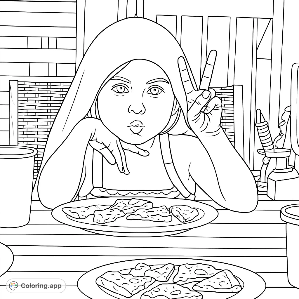 A charming girl making a peace sign and a kissy face at a table with food, perfect for a fun and expressive coloring page.