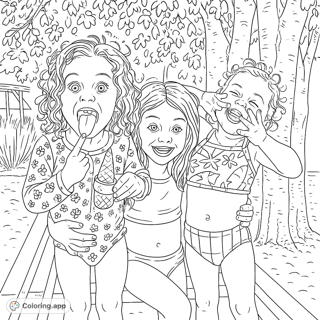 Three playful girls enjoying summer, one sticking out her tongue, another laughing, surrounded by nature. A fun, free printable coloring page.