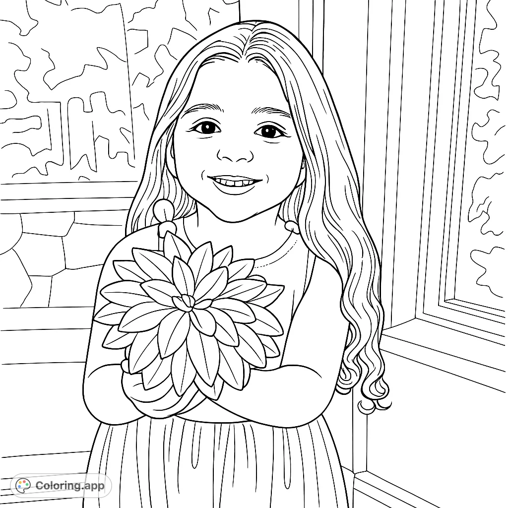 A delightful free printable girl with flower coloring page, perfect for kids and adults. Features a smiling girl holding a beautiful, detailed flower.