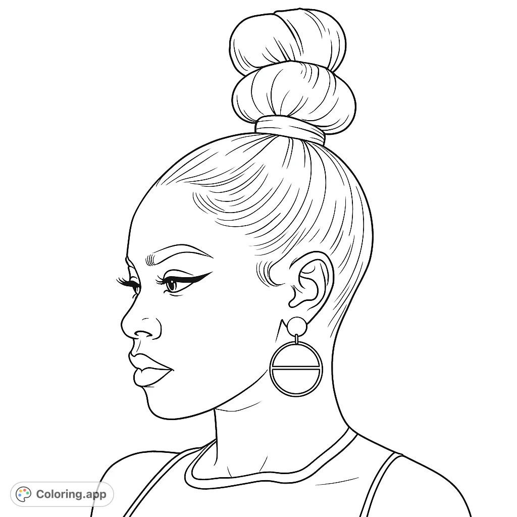 Elegant portrait coloring page featuring a woman with a stylish topknot hairstyle and geometric earrings. A modern and fashionable design to color.
