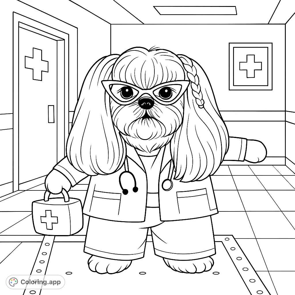 A charming doctor dog, complete with a lab coat, scrubs, and a first aid kit, ready to bring smiles and comfort. A delightful and unique coloring page for all ages.