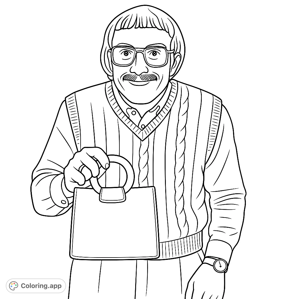 A friendly man in a sweater vest and glasses holds a small bag, ready for coloring. Perfect for a free printable coloring page.