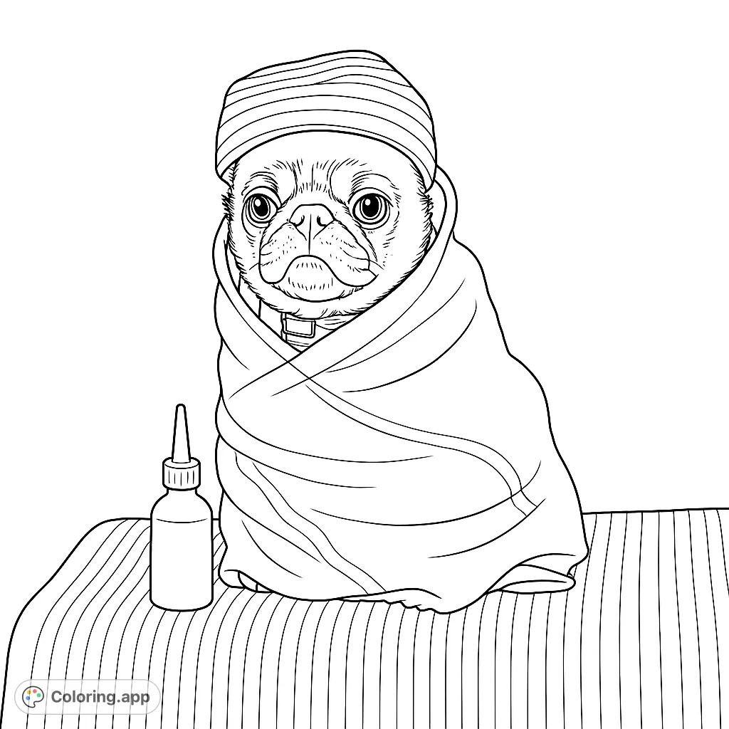Adorable pug wrapped in a blanket with a striped cap and medicine bottle. A comforting, cute animal coloring page.