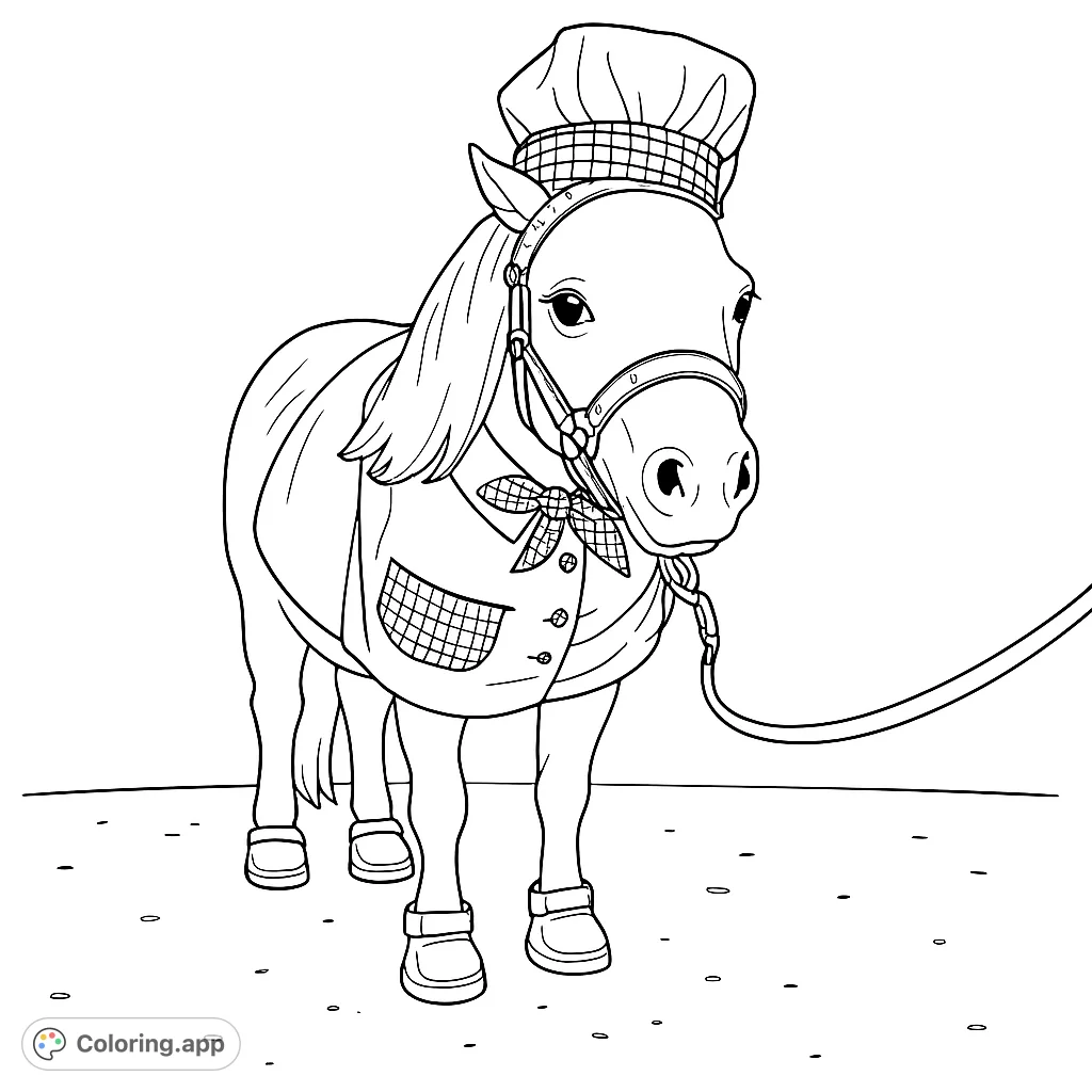 An adorable miniature horse dressed as a chef, complete with hat, apron, and boots, ready for a culinary adventure. A delightful and unique coloring experience!