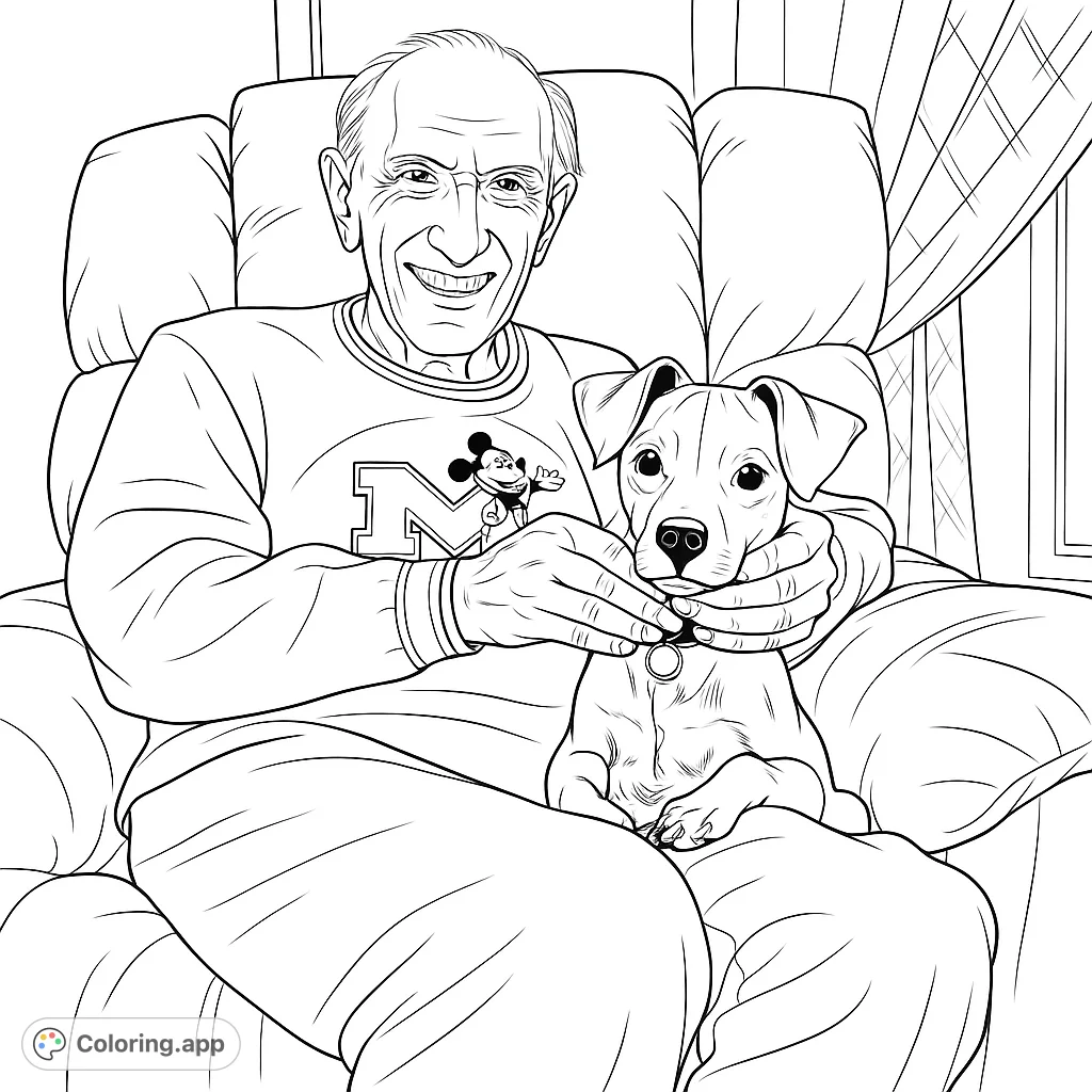 A heartwarming man and puppy coloring page, featuring a smiling man cradling a cute puppy in a cozy armchair. Perfect for animal lovers and family fun.