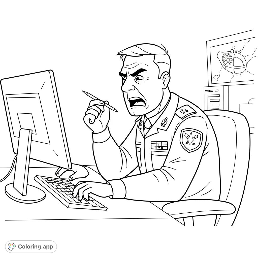 An officer in uniform, frustrated at his computer, perfect for a military office coloring page. Free printable coloring page for adults and teens.