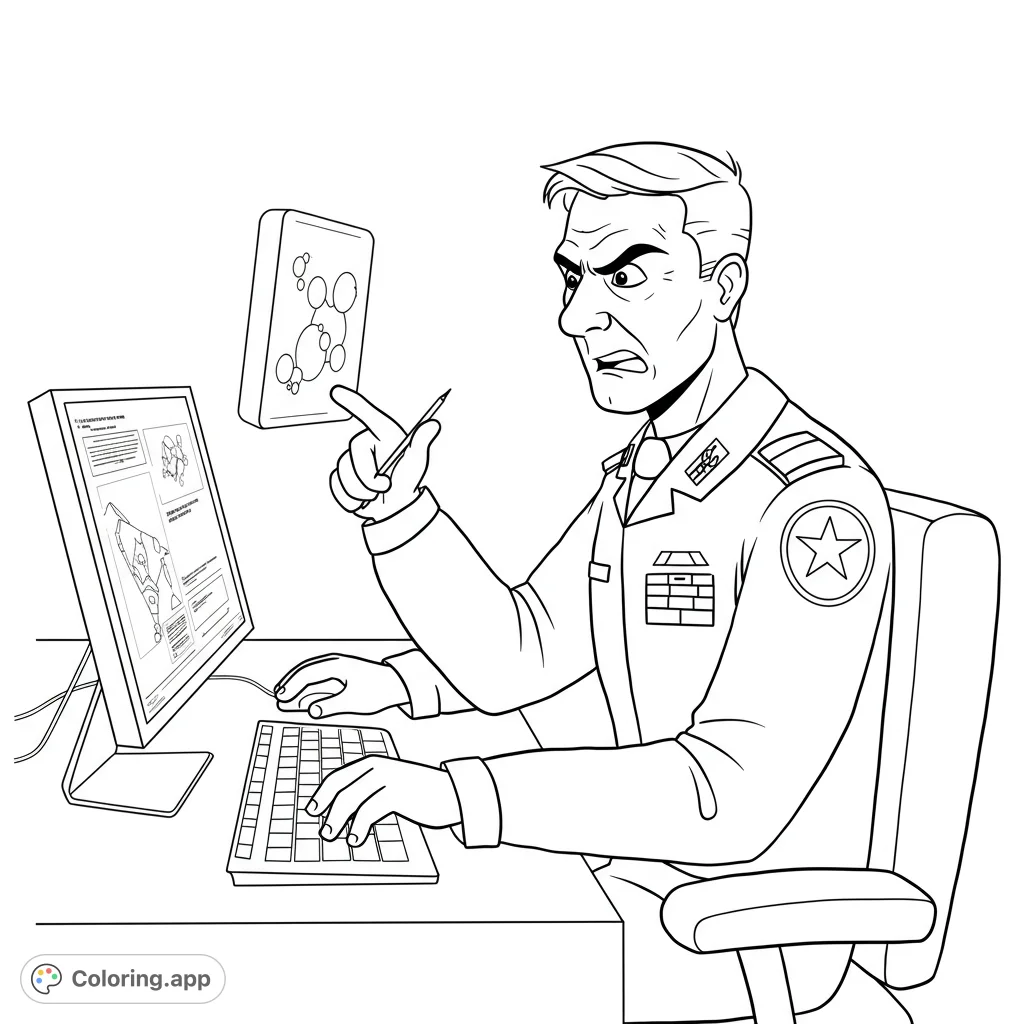Color a stern officer in uniform at a desk, pointing at a floating screen with technical diagrams. A detailed military command coloring page for all ages.