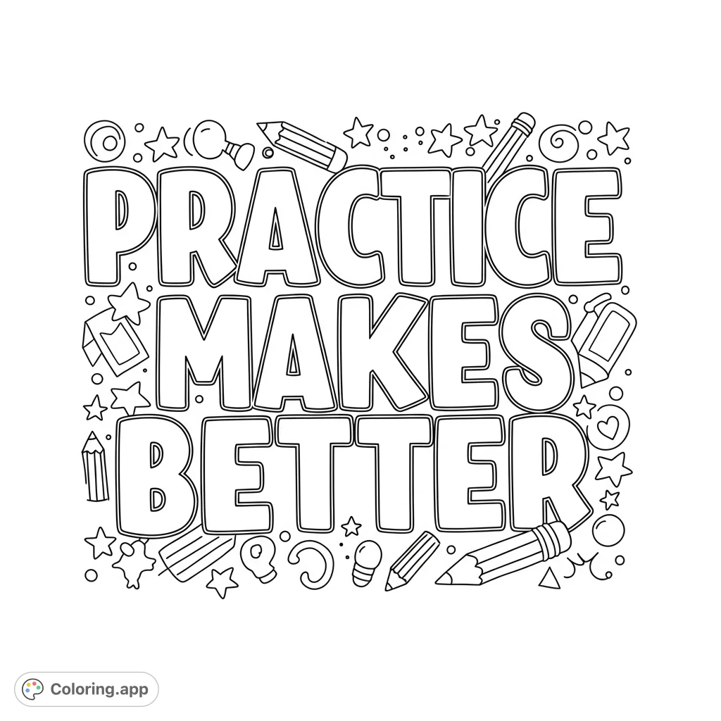 Motivational "Practice Makes Better" quote coloring page with bold letters and fun school supply doodles. Perfect for inspiring creativity!