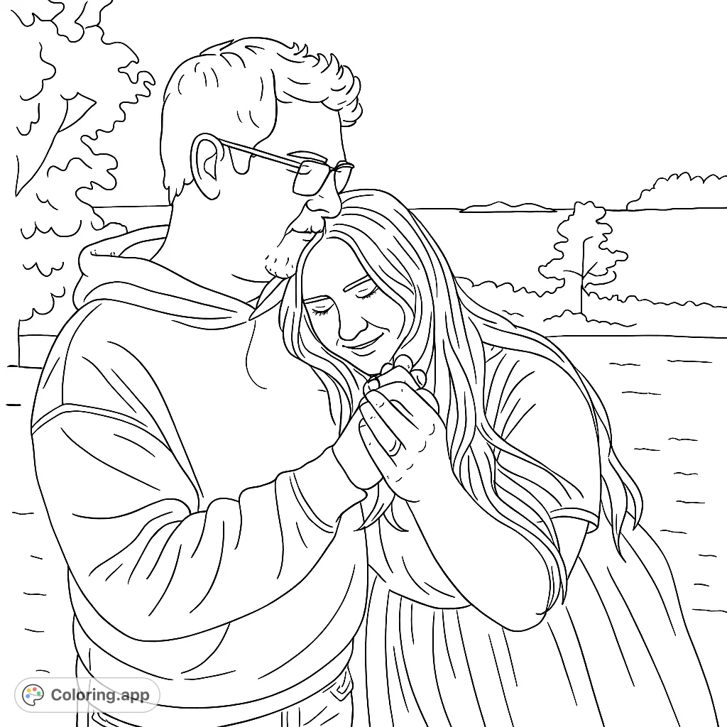 A heartwarming romantic couple's embrace by a serene lake, perfect for a free printable love-themed coloring page for adults and teens.