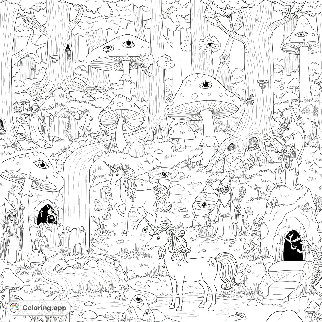 Explore a trippy forest coloring page filled with whimsical mushroom eyes, majestic unicorns, wise wizards, and powerful dragons amidst waterfalls and mysterious caves.