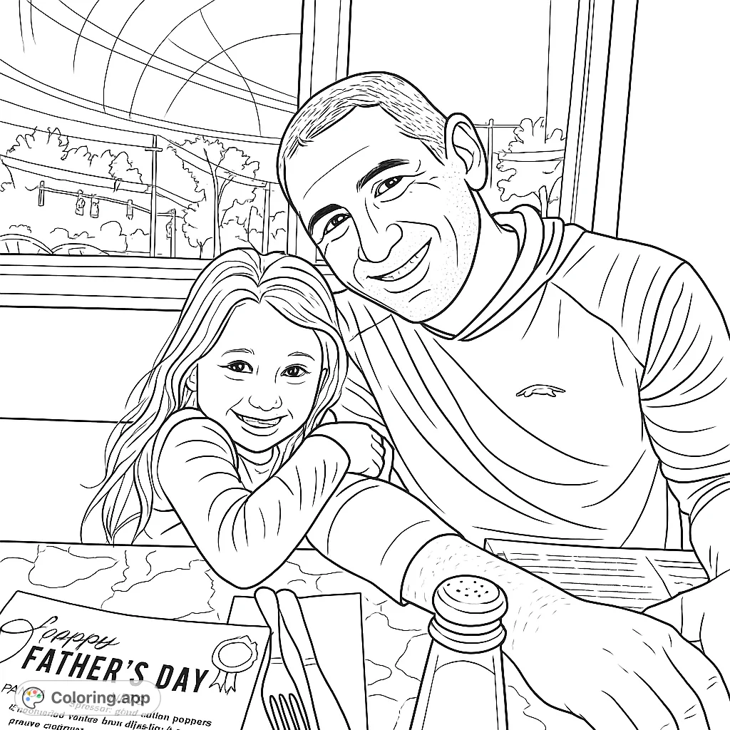 A heartwarming father-daughter duo smiling at a restaurant table, perfect for a special Father's Day coloring page.
