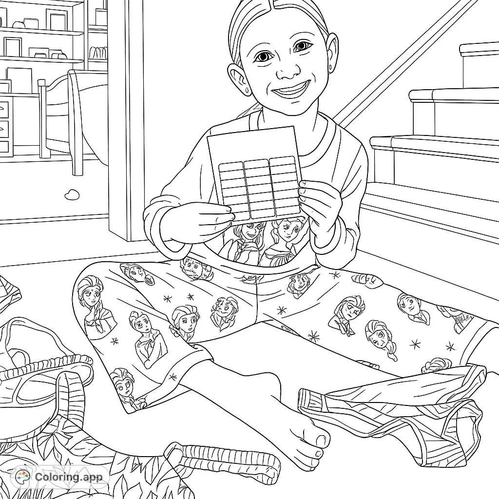 A cheerful girl in character pajamas holds a sticker sheet, surrounded by cozy room details. Perfect for imaginative coloring fun!