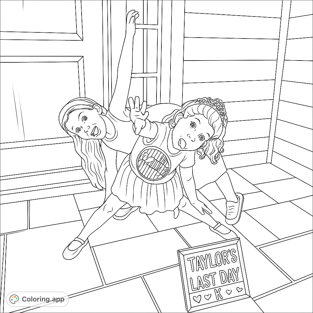 Two joyful girls strike a dynamic dance pose on a tiled floor, creating a lively and expressive playful girls coloring page, perfect for fun.
