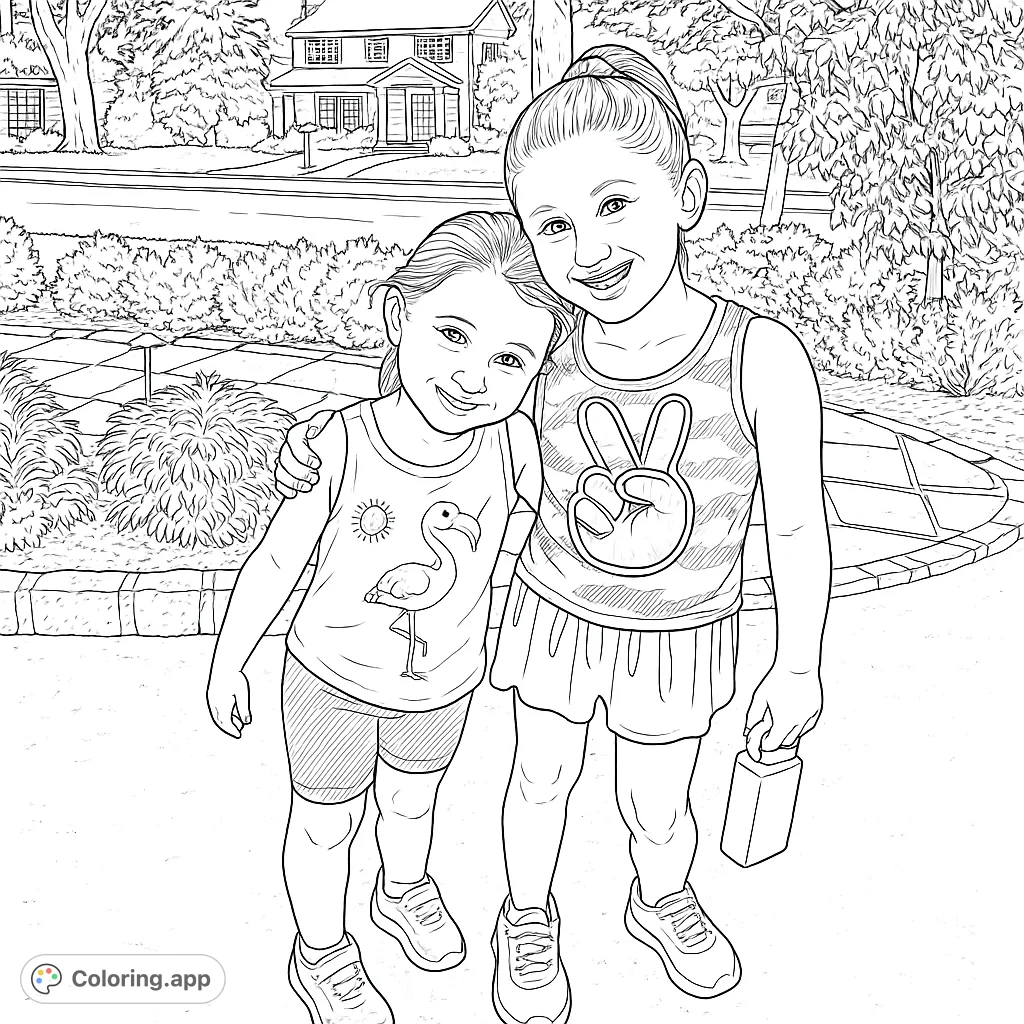 Two smiling girls in a suburban setting, featuring a flamingo shirt, peace sign, and detailed background. A heartwarming free printable coloring page for kids.