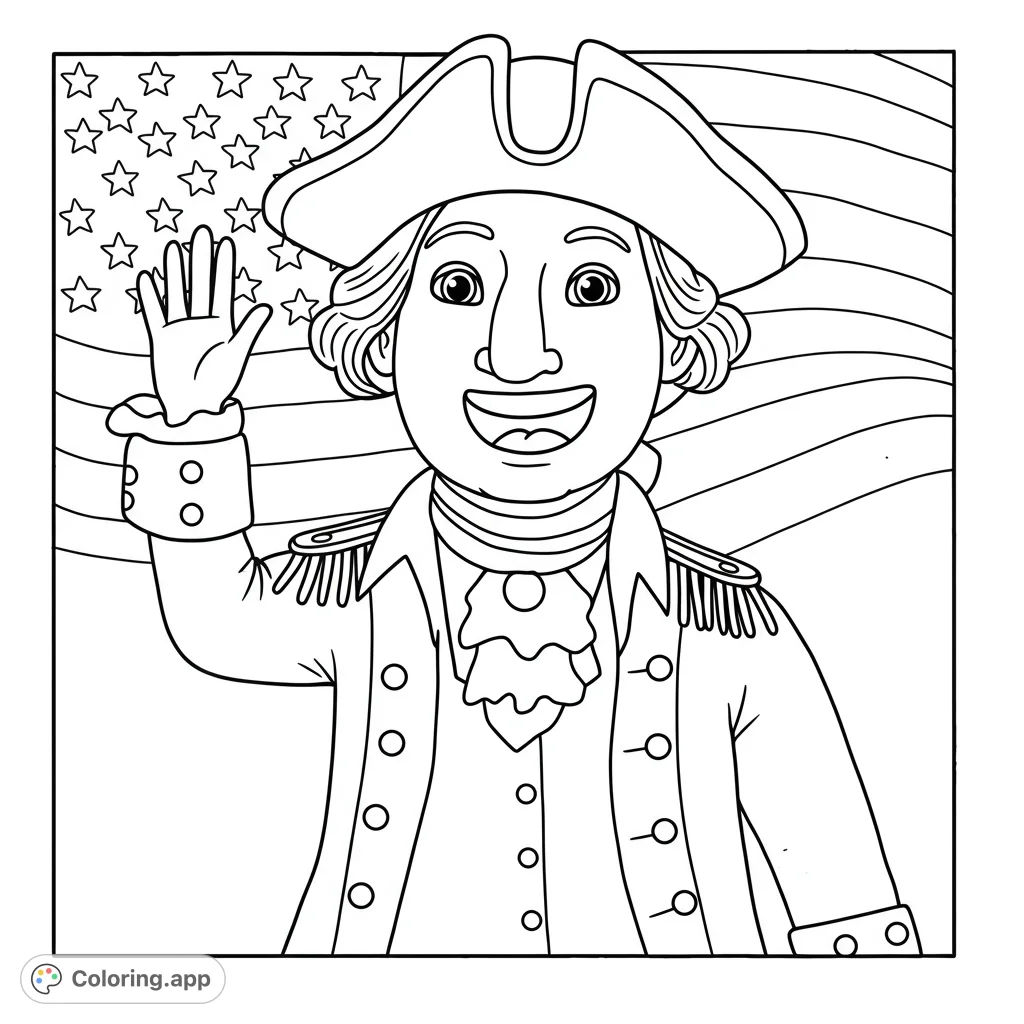 Celebrate history with this George Washington coloring page! Features a smiling Washington waving before a detailed American flag.