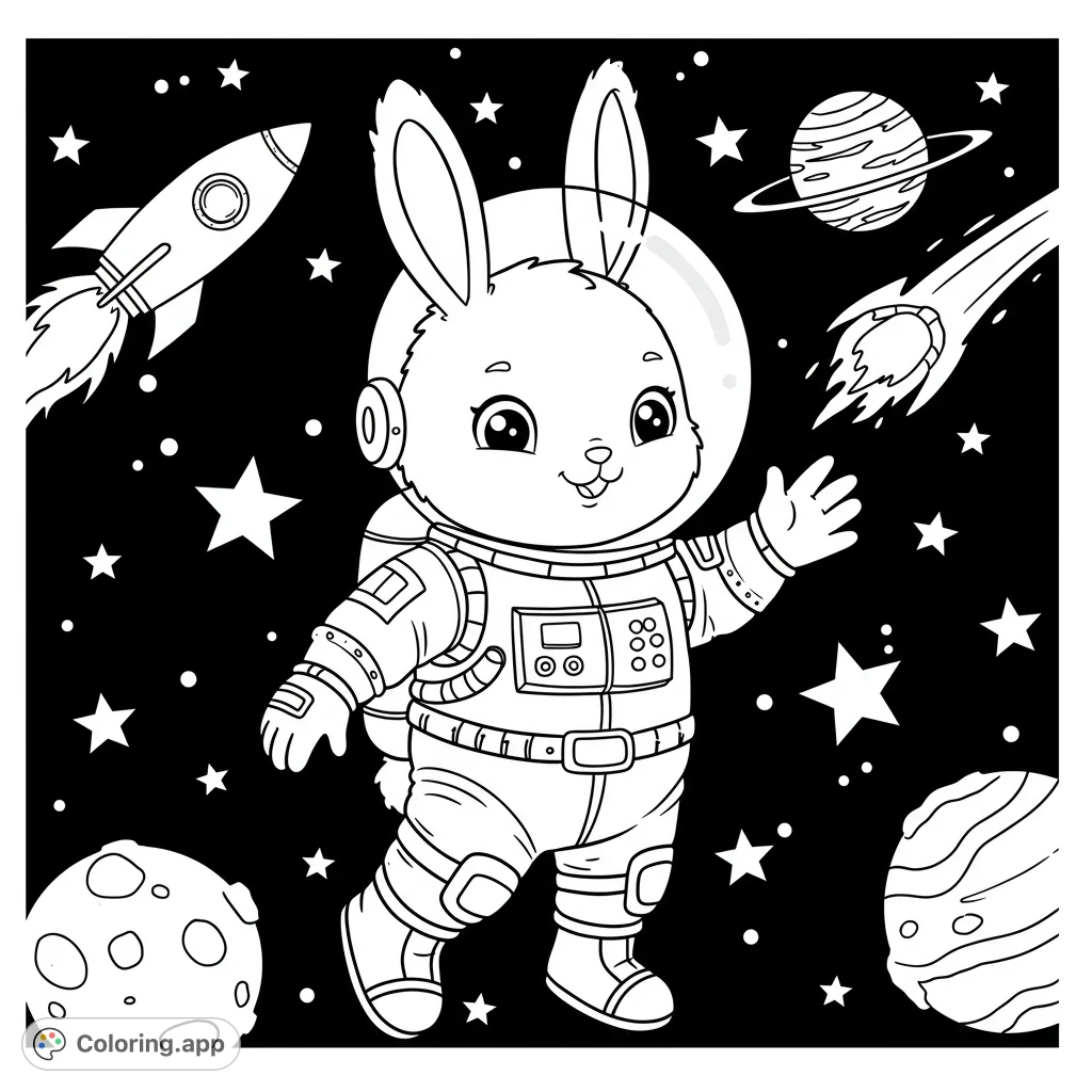 Adorable astronaut rabbit floats in space amidst planets, stars, rockets, and comets. A fun cosmic adventure for all ages!