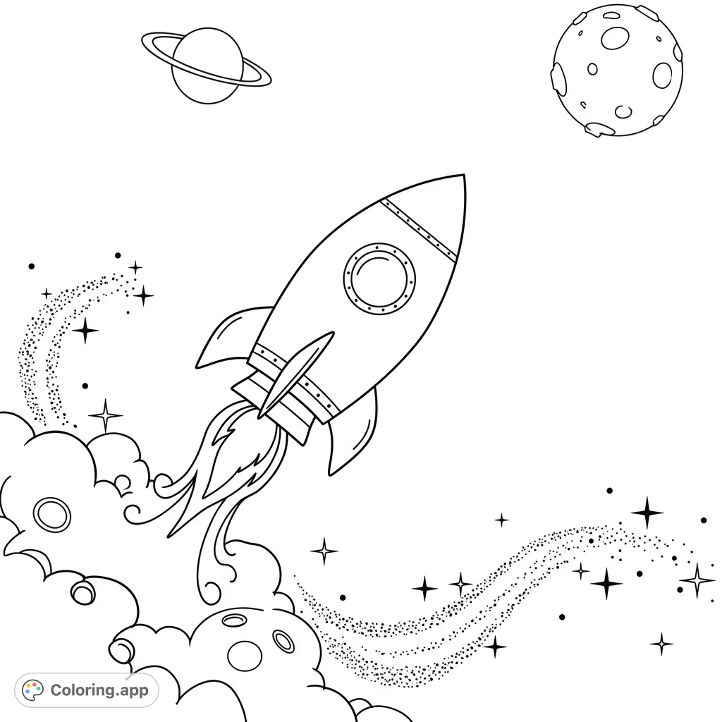 Blast off with this exciting space rocket coloring page! Features a detailed rocket, planets, and stars, perfect for a cosmic adventure.