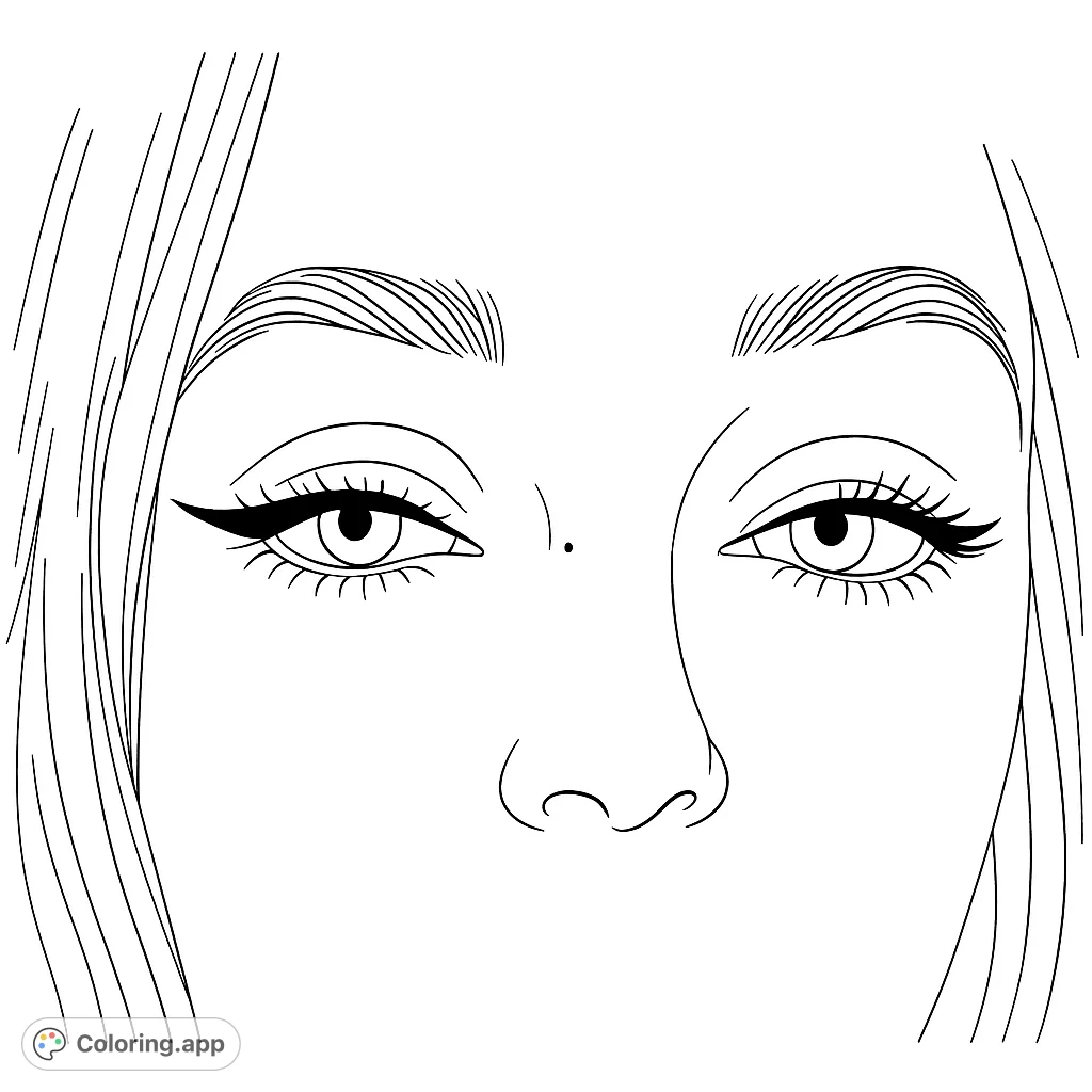 Captivating close-up of a woman's eyes with elegant winged eyeliner, detailed brows, and a delicate nose. A free printable beauty portrait coloring page.