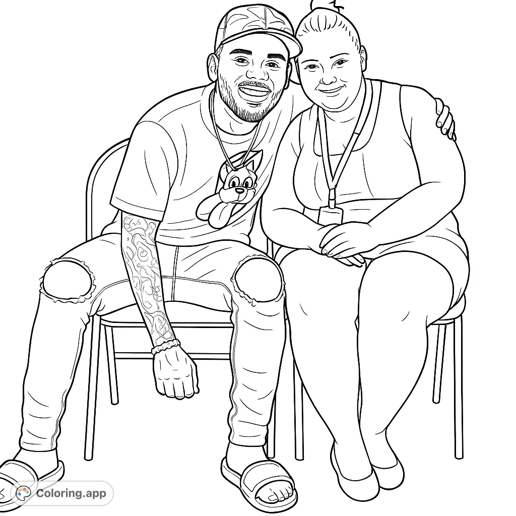A detailed coloring page featuring Chris Brown and a fan. This drawing showcases a modern style, perfect for teens and adults who enjoy pop culture art.