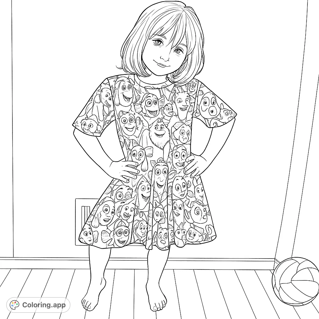A cheerful girl in a unique dress adorned with cartoon fish faces, ready for a splash of color. Perfect for creative kids!