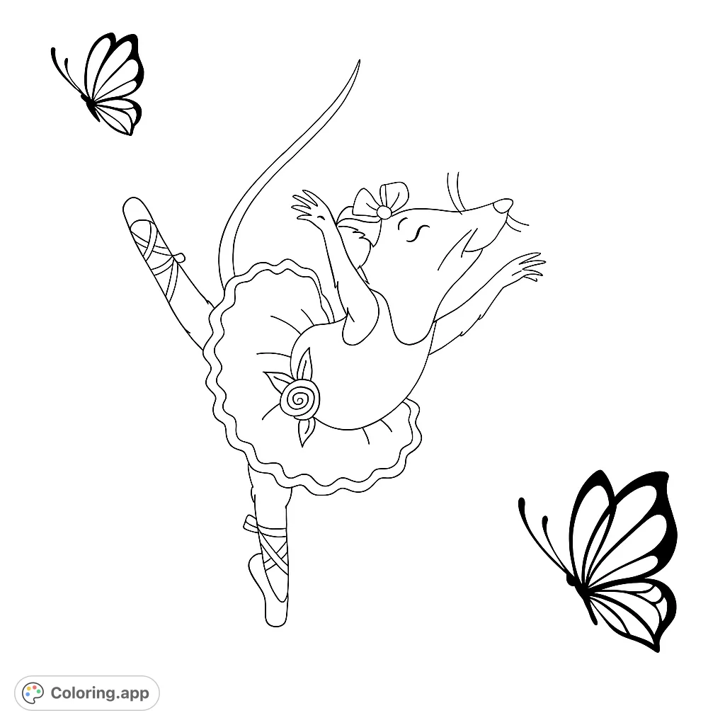 A delightful ballerina mouse dances gracefully in a ruffled tutu and ballet shoes, accompanied by two fluttering butterflies. A charming scene for all ages.