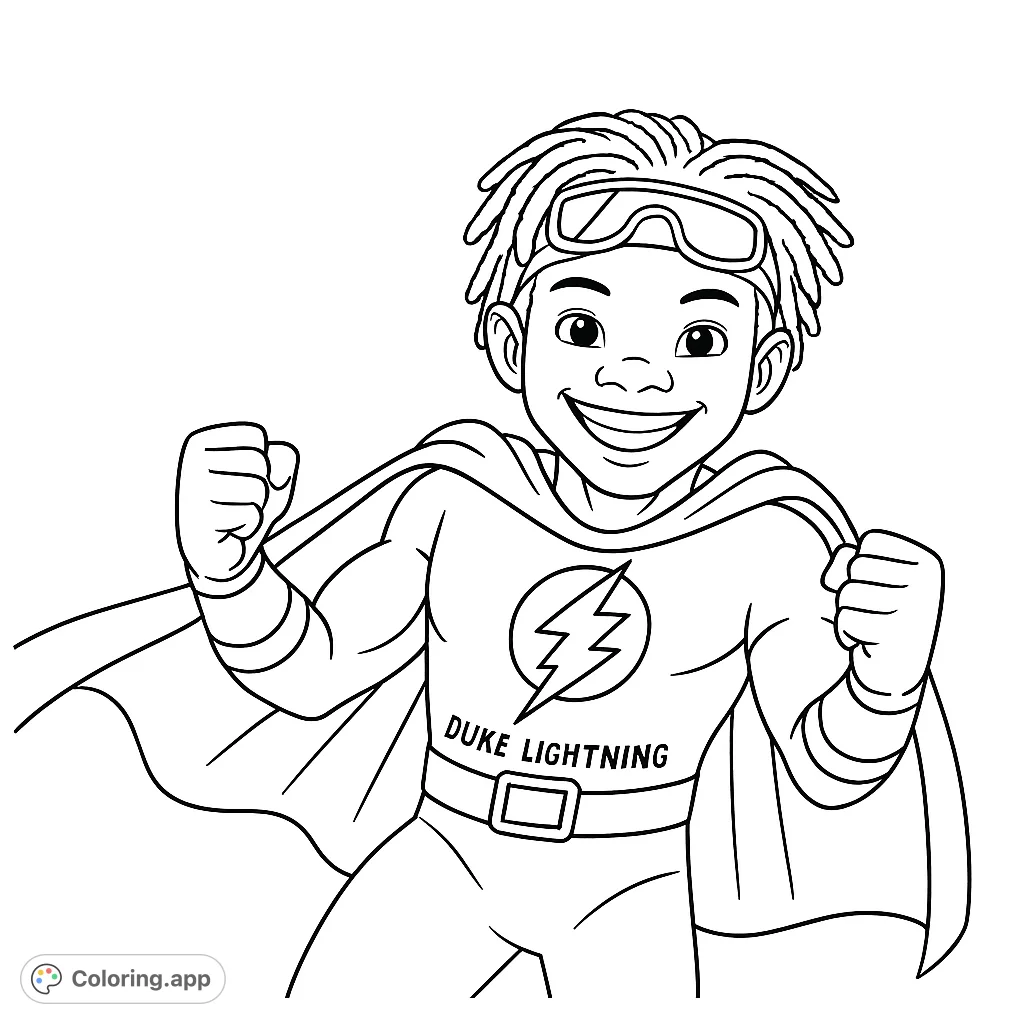 A dynamic superhero boy with a cape and lightning emblem, ready for action! A fun, free printable superhero coloring page for kids.