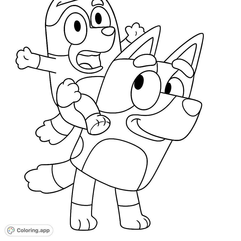 Two cheerful cartoon dog characters, one riding on the other's back, ready for a fun adventure. A delightful scene for young colorists.