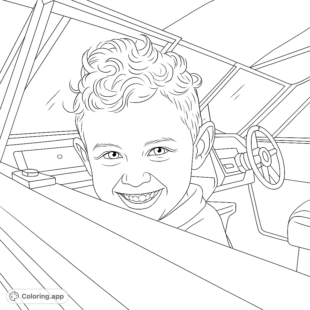 A joyful boy with curly hair smiles brightly from inside a vehicle, ready for adventure. A delightful free printable coloring page for kids!