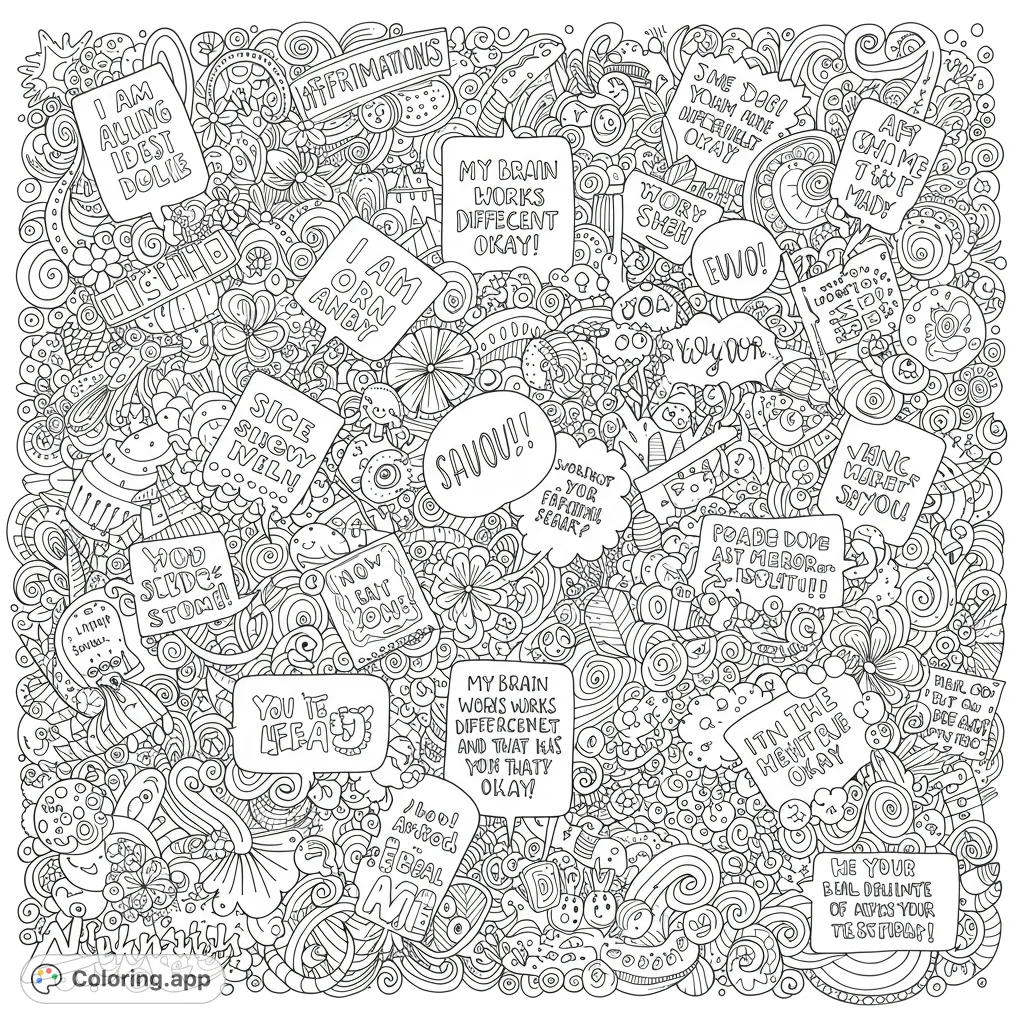 Dive into a complex world of abstract doodle patterns and empty speech bubbles. A free printable intricate doodle coloring page for all ages.