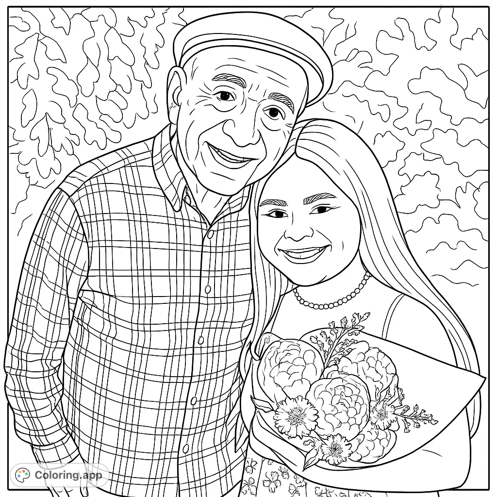 A heartwarming family portrait featuring an older man and a young woman, smiling, with a floral bouquet and leafy background. Perfect for all ages.