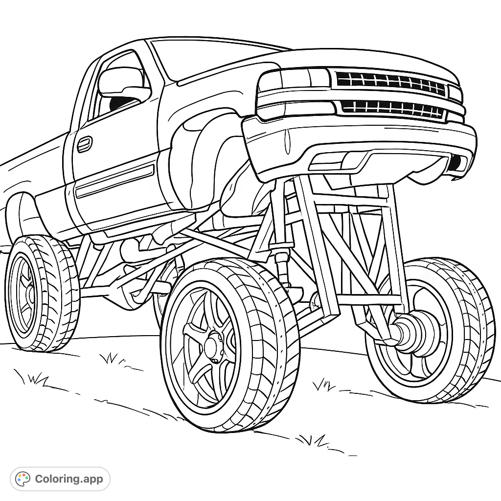 Unleash your creativity with this monster truck coloring page, featuring a powerful, lifted truck with massive tires and intricate suspension.
