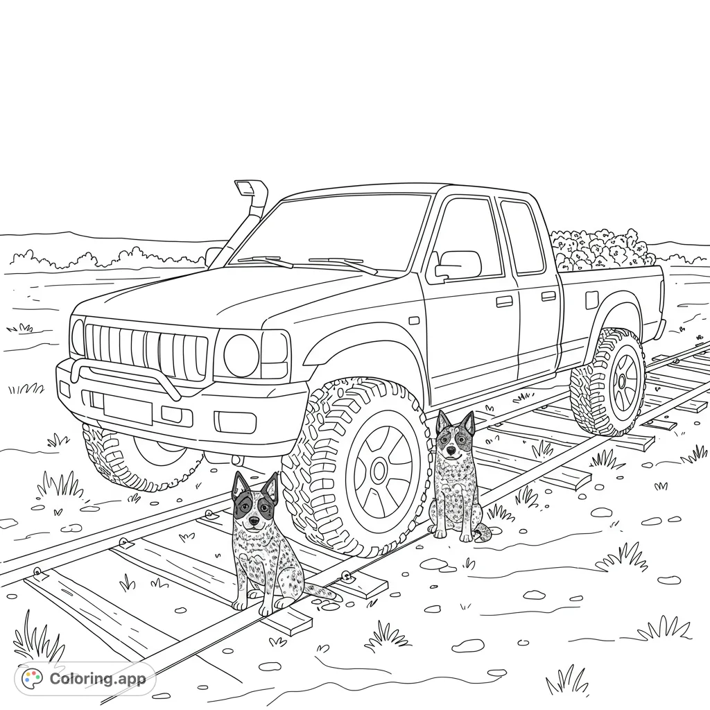 Color a rugged off-road pickup truck with two loyal Australian Cattle Dogs by railroad tracks. A detailed vehicle and animal coloring page.