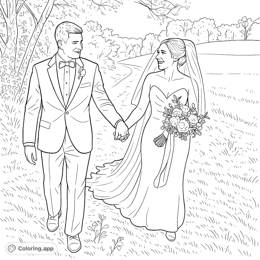 A joyful bride and groom walk hand-in-hand on their wedding day, surrounded by nature. A beautiful free printable wedding coloring page.