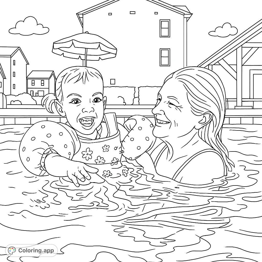 A joyful family swimming pool scene featuring a happy child with arm floaties and a smiling adult, perfect for a summer coloring page.