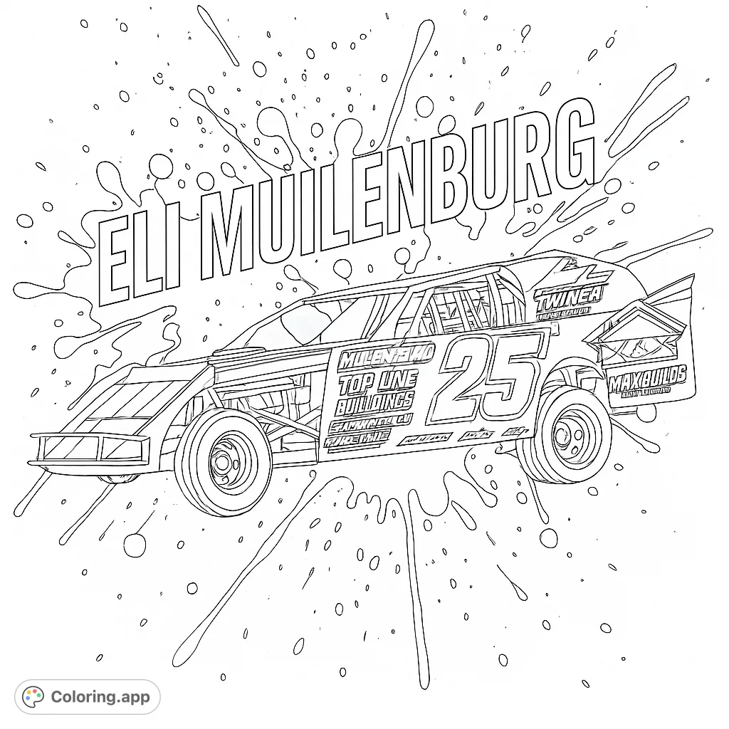 An action-packed dirt track race car leaps through a dynamic splash, perfect for speed enthusiasts. Free printable race car coloring page for kids and adults.