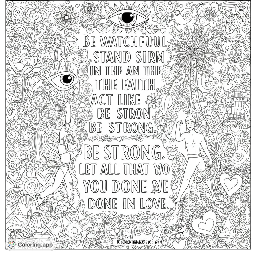 Intricate empowerment coloring page with strong figures, floral patterns, and a central space for inspiration. Free printable for adults.