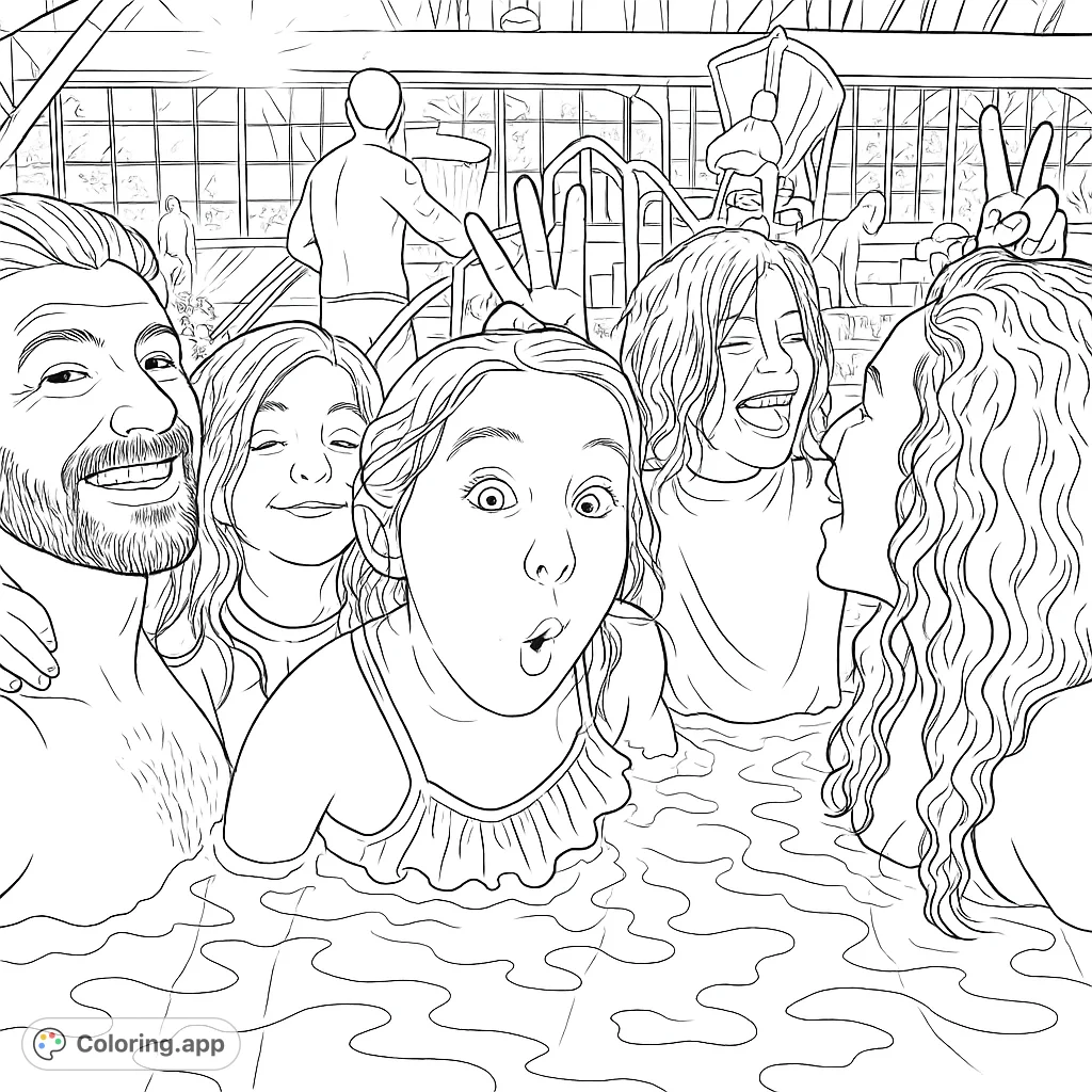 A joyful group of friends or family splashing and posing in a pool, perfect for a fun summer coloring page. Features expressive faces and playful gestures.