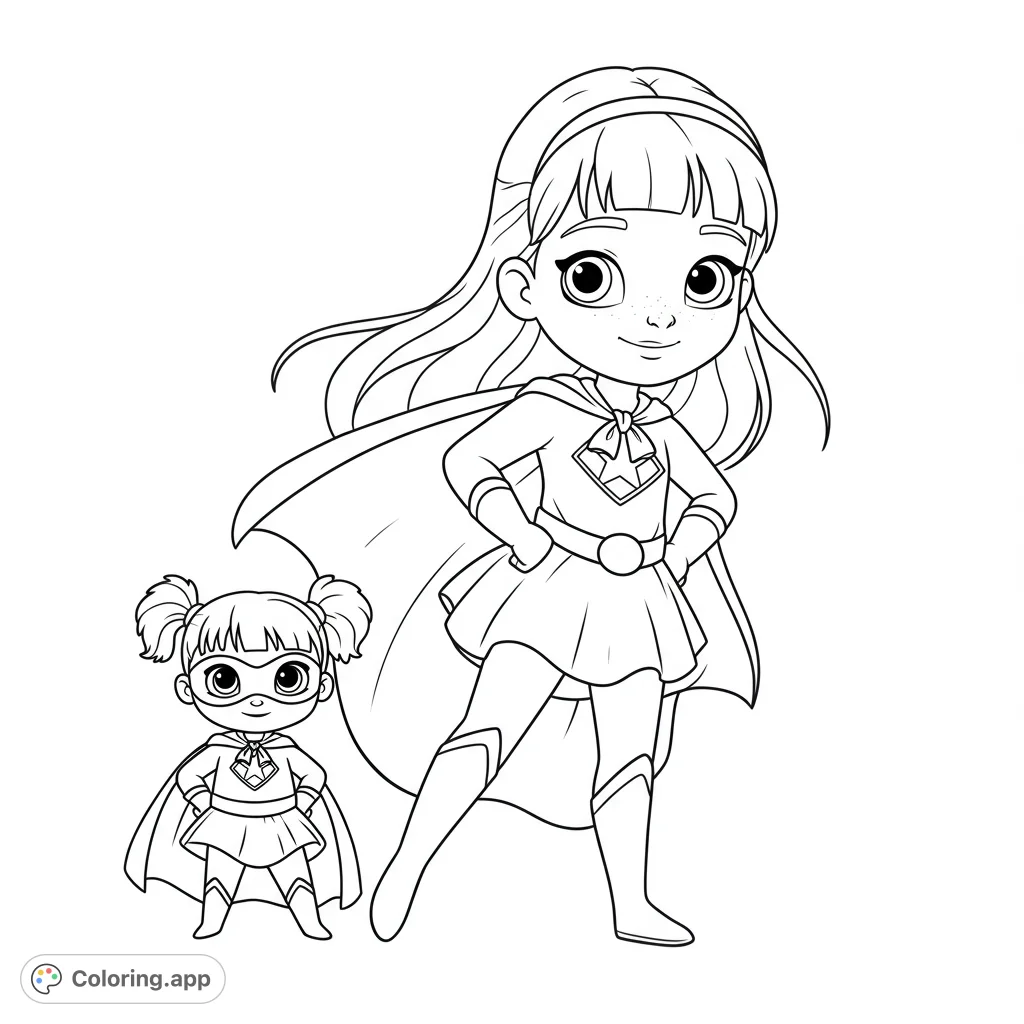 Unleash your inner hero with this dynamic superhero duo coloring page! Featuring two brave girls in capes, ready for action.