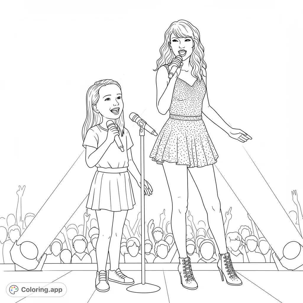 A delightful music star coloring page featuring a young girl singing alongside Taylor Swift on stage, perfect for fans of all ages.