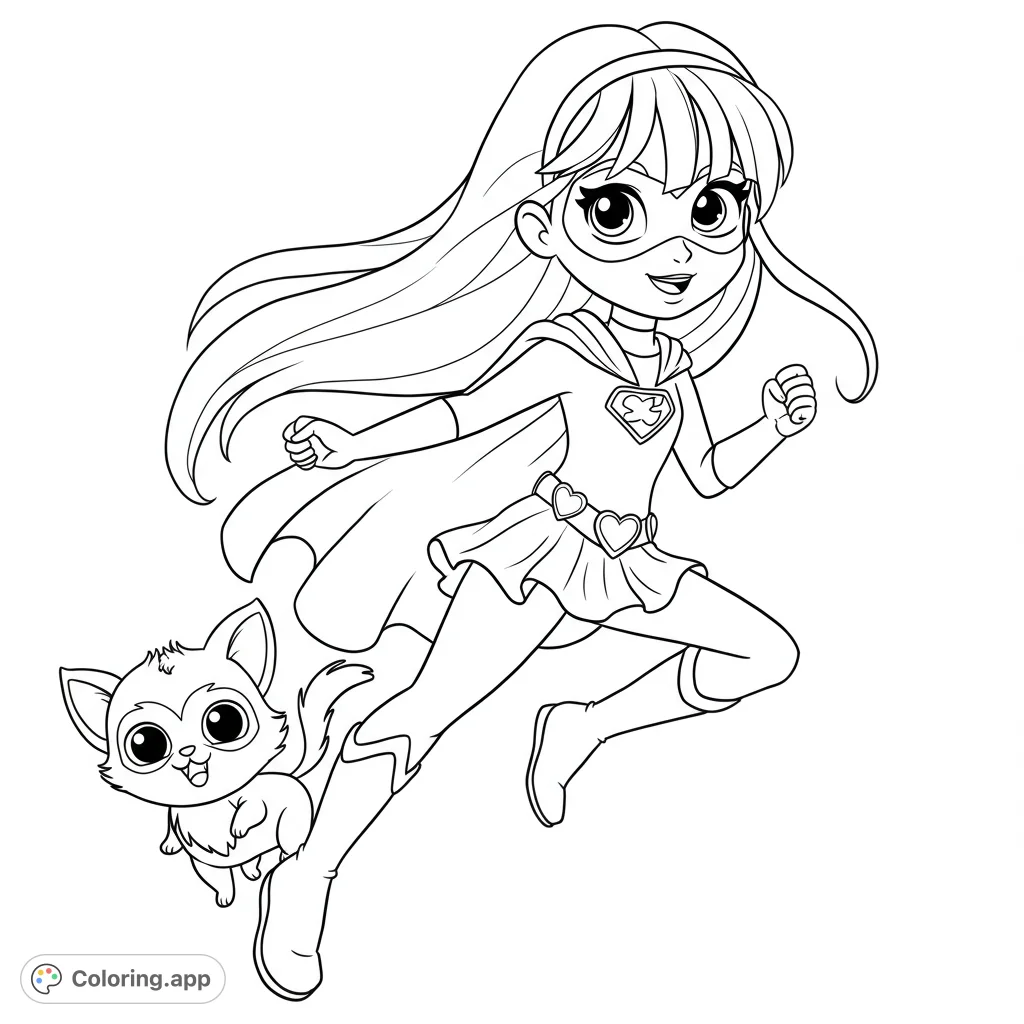 Dynamic superhero girl and her cute cat sidekick leap into action! A fun, free printable coloring page for kids and superhero fans.